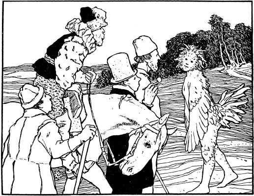 The wedding guests ask the third sister, disguised with feathers, about Fitcher and his wedding.