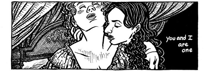 single long black & white comic panel showing two young women apparently sitting in a darkened room full of drapery. A curvier, blushing girl is tilting her head back, blushing, eyes closed, as a dark-haired girl with her hand at the other’s nape leans in over her shoulder with an intent, passionate expression. text reads 'you and I are one' 
